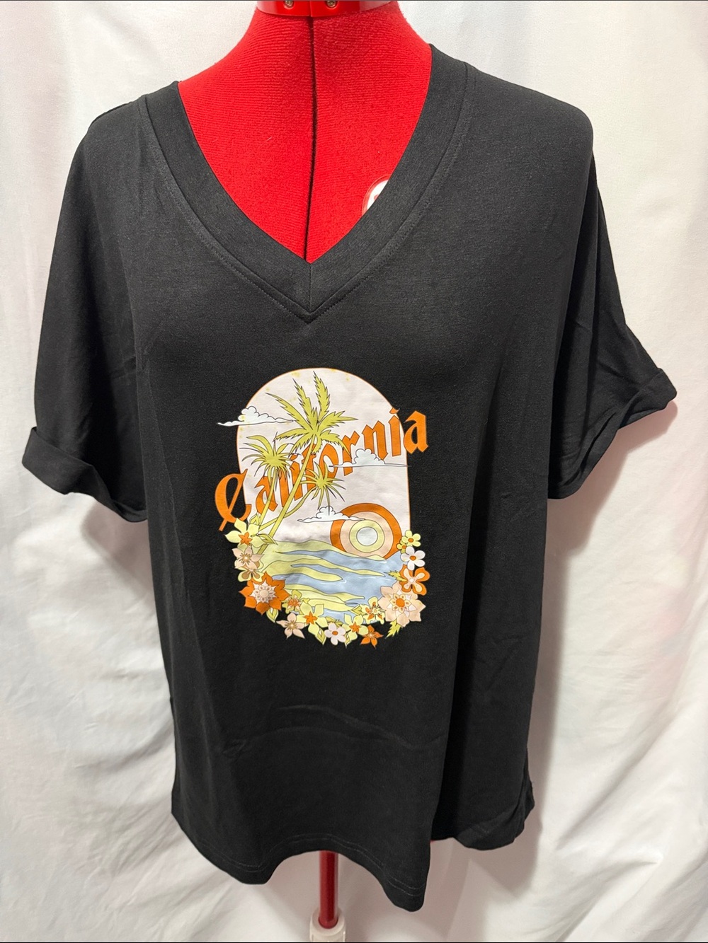 Black V-Neck 'California' Graphic Tee